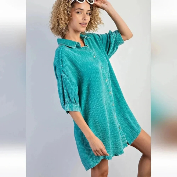 New! Easel Washed Cotton Gauze Button Down Shirt Dress - Picture 4 of 7